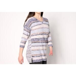 Denim & Co Size M Natural Striped V Neck 3/4 Sleeve Sweater A649632 NWOT